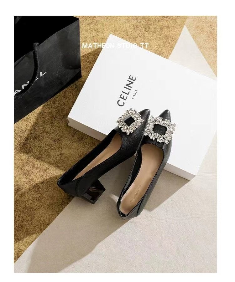 Women's Elegant Black Mid Block Heels Pumps with Crystal Rhinestone Pointed Toe Dress Shoes