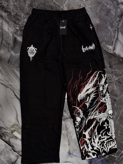 Marca de Moda Street Estampa Dragão Diabo Letras Retrô Moda Calça Casual Masculina Harajuku Fashion Punk Perna Reta Larga