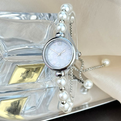 French Romantic Pearl Pull Cord Handheld Watch Elegant Small Fashion Bracelet Quartz Wristwatch Stylish Portable Timepiece
