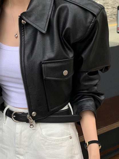Women's Loose ort PU Leather Jaet Double ket Retro Collar Zipper Versatile Motorcycle Sle Top Trendy Commute Wind