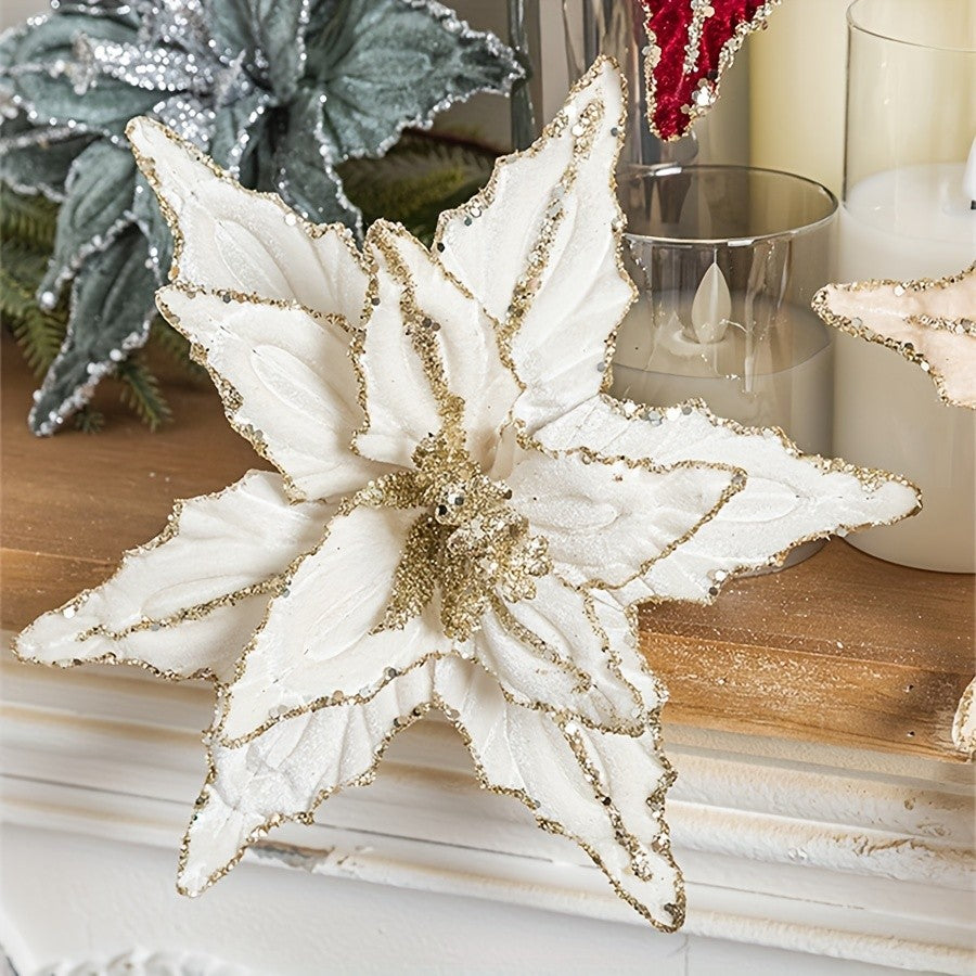 1/4pcs Christmas Holiday Decorative Flowers Artificial Flowers,Shiny Sequin Velvet Christmas Flowers 25.91cm,  home decor
