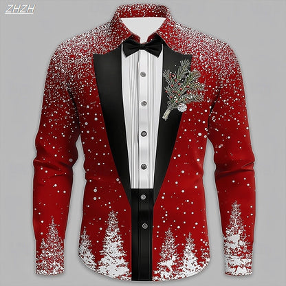 2025 Men's Christmas Snowflake Formal Shirt, 3D Printed Tie Design,Elegant Tuxedo Style,Holiday Party Wedding Attire,Spring Wear