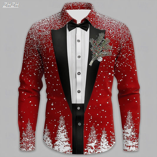 2025 Men's Christmas Snowflake Formal Shirt, 3D Printed Tie Design,Elegant Tuxedo Style,Holiday Party Wedding Attire,Spring Wear