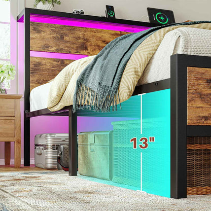 Queen Bed Frame with Headboard,Queen Size Bed Frame with LED Lights & Charging Station & 13" Under Bed Storage, All-Meta