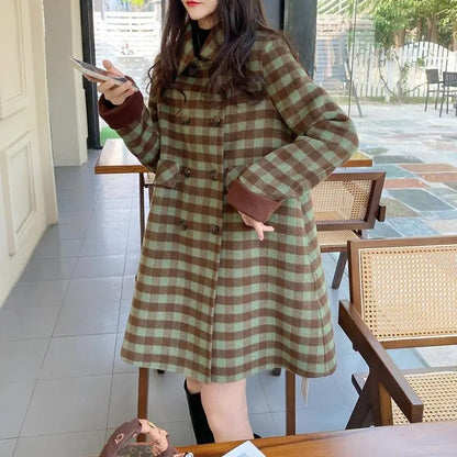 2024 Autumn Winter Women Double Sided Woolen Coat Color matching Woolen Jacket Female Doll collar Mid length Leisure Outerwear