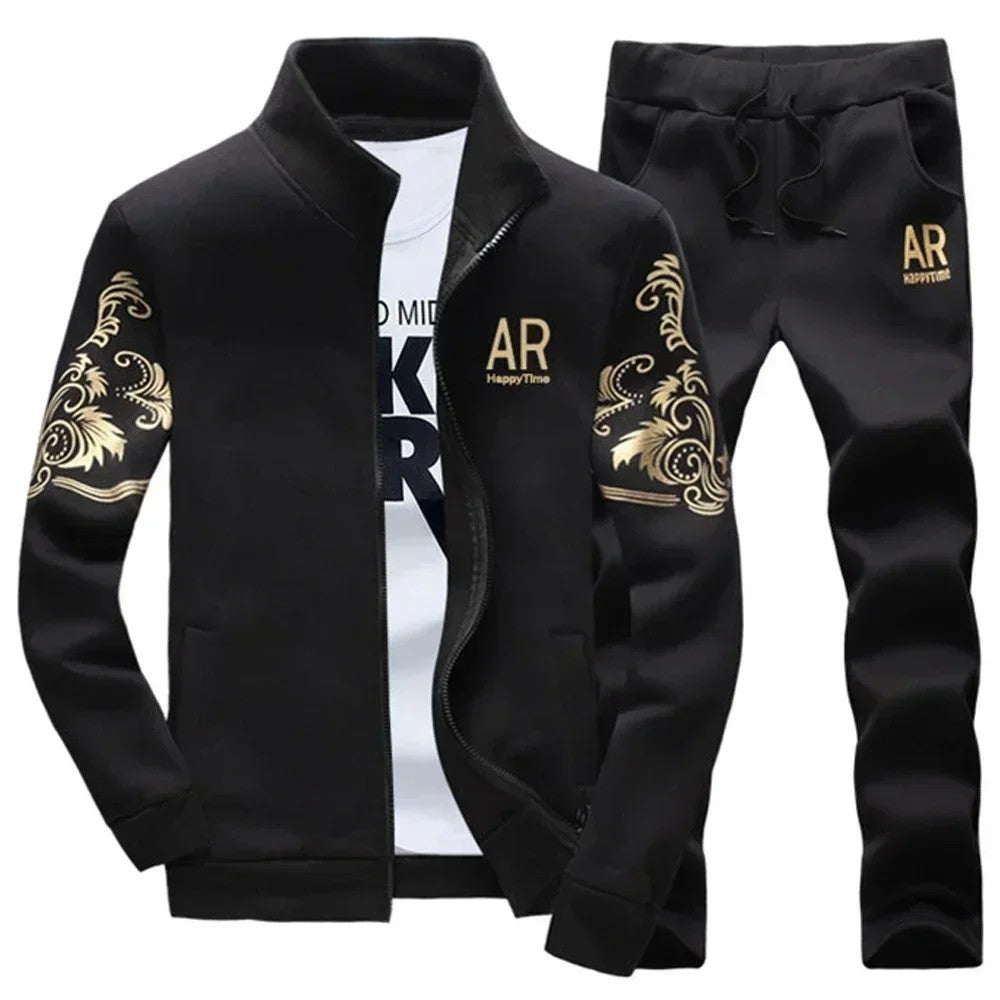 Winter Men's Sports Suit with Fleece and Warm Standing Collar Jacket+men's Drawstring Sports Pants Fashionable Printed Men's Set