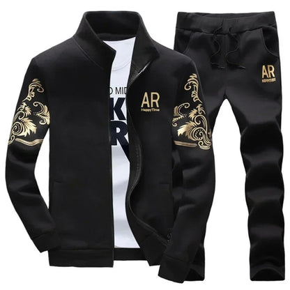 Winter Men's Sports Suit with Fleece and Warm Standing Collar Jacket+men's Drawstring Sports Pants Fashionable Printed Men's Set