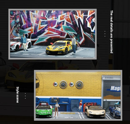 Estacionamento Simulado 1:64 com Luzes Cena em Miniatura Garagem de Brinquedo para Meninos Suporte de Exibição de Carros Coleção Infantil