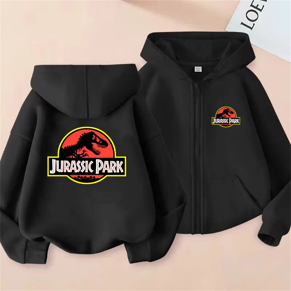 Boy Black zipper hoodie top Jurassic Park Dinosaurs printed red Sweatshirt children's outerwear casual fashion clothing Spring
