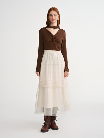 DUSHU Three-color Ruffled Mesh Skirt Women Pleated Mesh Straight Skirt Fairy Retro Gothic Cool Girls Elastic Waist Loose Fit