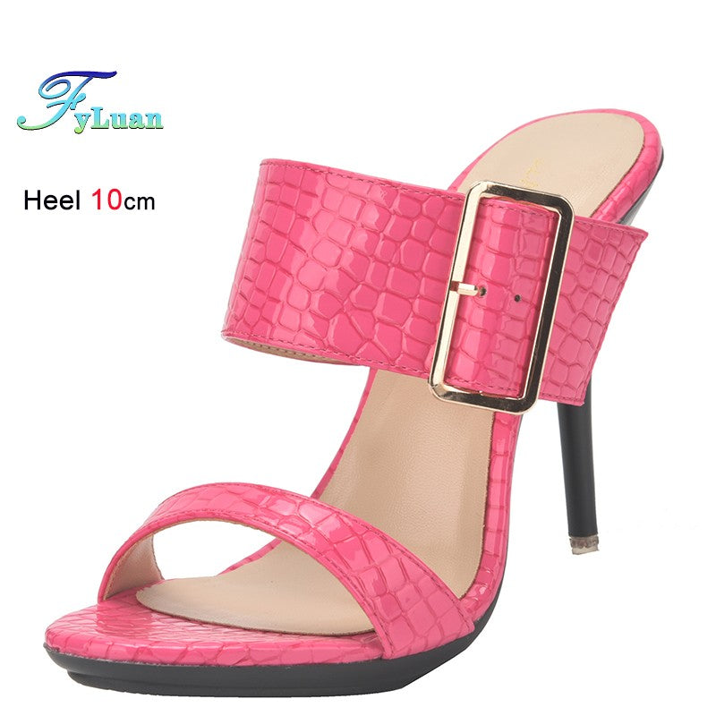 New Summer Buckle Strap Outside Women Slipper  Open Toe High Heeled 10CM Women's Sandals Thin Heels Neutral Slippers Party Pumps