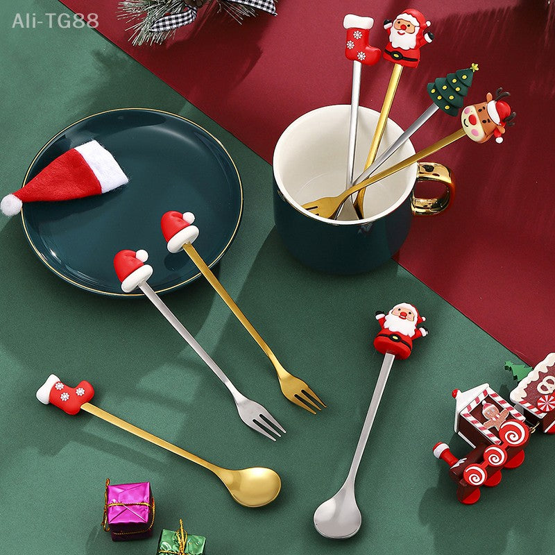 Stainless Steel Christmas Fork And Spoon Set with Gift Box for Coffee Tea Dessert Tableware