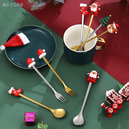 Stainless Steel Christmas Fork And Spoon Set with Gift Box for Coffee Tea Dessert Tableware