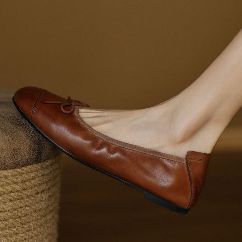 Mary Jane Women Loafers Hand Stitch Casual Streetwear Ballet Flats Soft Sole Solid Color Women Shoes Comfy Round Head Bow Shoes