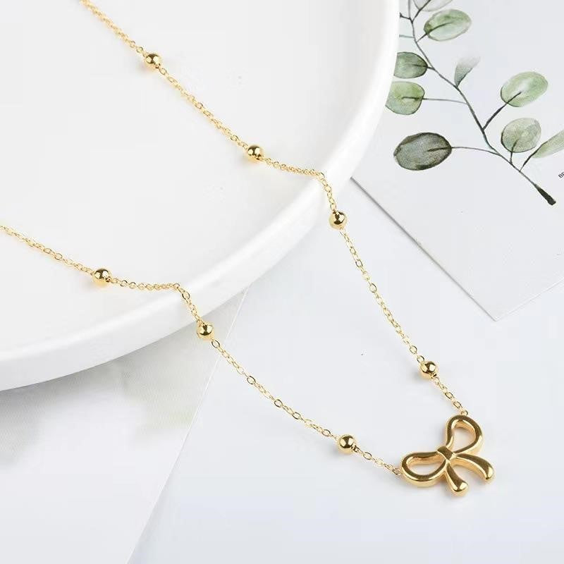 ANENJERY L316 Colar Feminino de Aço Inoxidável com Corrente de Contas e Pingente de Laço Oco Acessório de Joia Simples e Exclusiva