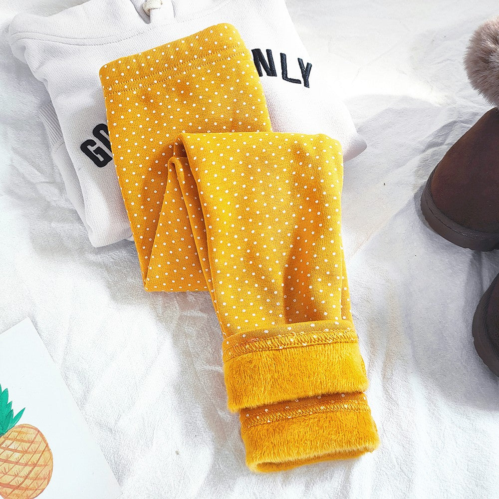 Girls Cotton Dot Print Leggings Autumn Winter Kids Fleece Warm Pants Baby Girl Slim Plus Thicken Trousers Children Clothes