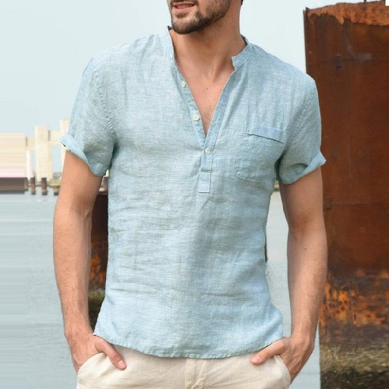 Summer New Fashion Cotton Linen Casual Shirts  Male Short Sleeve  Breathable  Tops