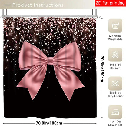4pcs Black and Pink Large Bow Pattern Printed Shower Curtain Set, Wet & Dry Bathroom 4-Piece Set, Home Decor Shower Curtain with