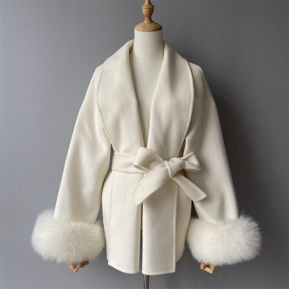 Jxwatcher Women's Wool Coat with Real Fox Fur Cuffs Ladies Elegance Belt Slim Outerwear Fall Winter High-End Wool Coats 2024 New