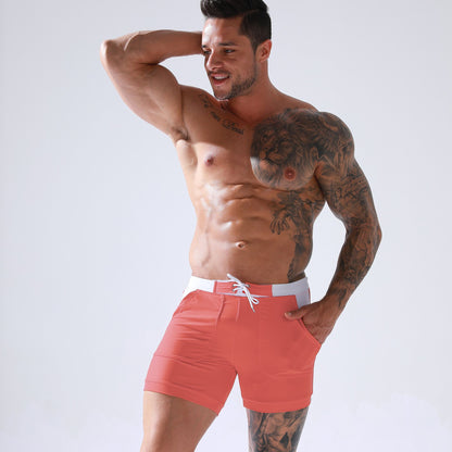 Men's Summer Swimwear Shorts Quick Dry Swimming Trunks Surf Board Solid Shorts Boxer Briefs Swimsuit Beach Sun Bathing Shorts
