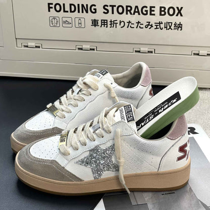 Sapatilhas de Couro Casual de Porco com Estrela Patchwork Cores Esfregadas Estilo Colegial Feminino Branco Antigo