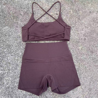 Yoga Shorts Set Gym Two Piece Sports Set Women Workout Outfit Fitness Suit Cross Straps Bra High Waist Shorts Running Tracksuit