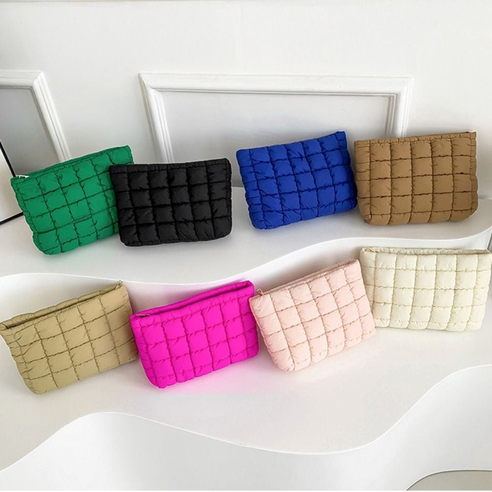 Elegant Puffy Quilted Padded Makeup Bag Zipper Storage Bag Cotton Clutch Bag Handbag Solid Color Cosmetic Bag Lady