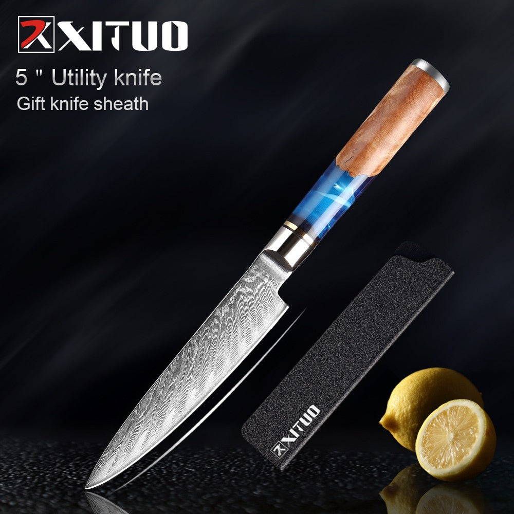 XITUO Kitchen Knives Set Damascus Steel VG10 Chef Knife Cleaver Paring Bread Knife Blue Resin Stabilised Wood Handle 1-7PCS set