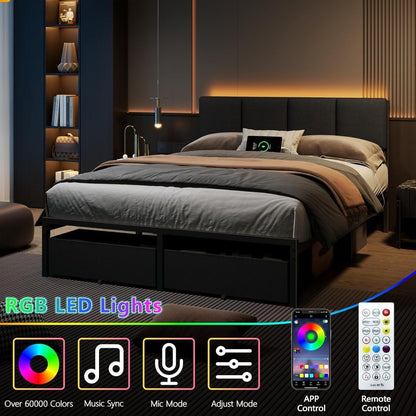 Estrutura de Cama de Casal Furnulem com Cabeceira, Cama de Casal Estofada com Luz LED, Estação de Carregamento USB, Base de Cama