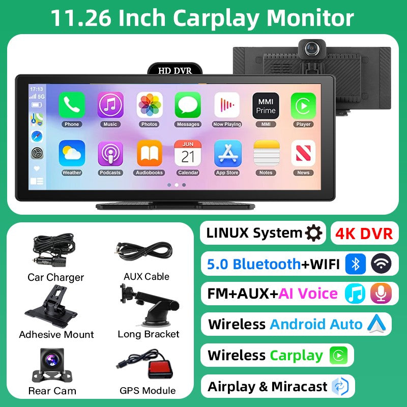 Gravador de Vídeo DVR 4K de 10/11,26 Polegadas com CarPlay e Android Auto Sem Fio, Câmera Veicular, Áudio Bluetooth, Navegação GPS e Duas Lentes para Painel