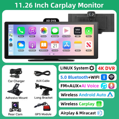 Gravador de Vídeo DVR 4K de 10/11,26 Polegadas com CarPlay e Android Auto Sem Fio, Câmera Veicular, Áudio Bluetooth, Navegação GPS e Duas Lentes para Painel