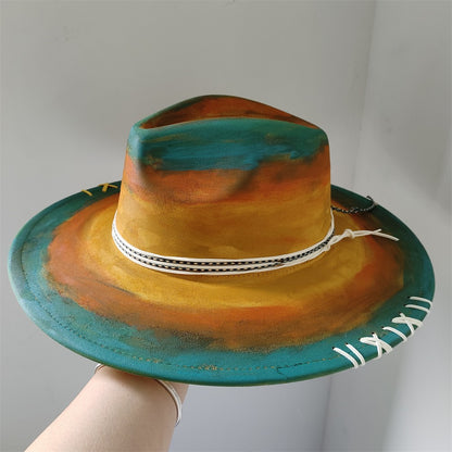 Chapéu Fedora Pintado à Mão Masculino e Feminino Chapéu Panamá Moda Primavera Outono com Pena Envolta Chapéu Fedora de Lã com Aba Grande