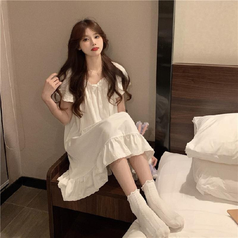 Sweet Princess Style Pajamas Solid Color Fashion Long-Sleeved Soft Home Wear Women's Retro Leisure Dress Lace Ruffled Nightgowns