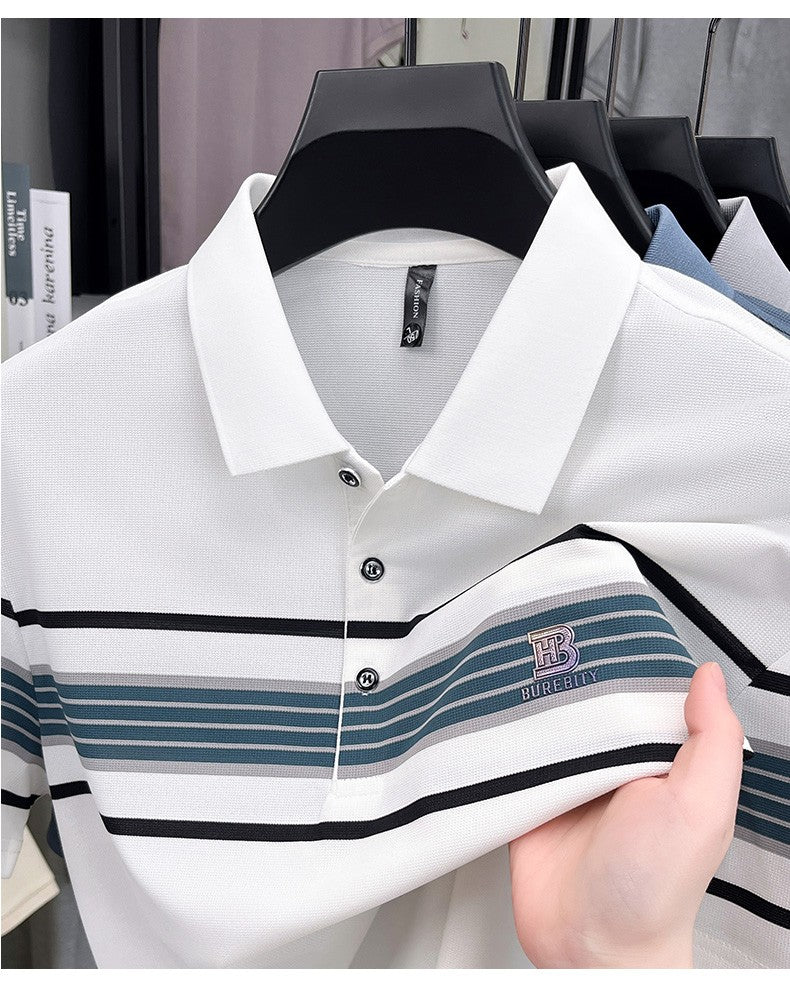 High end letter embossed short sleeve polo shirt luxury brand T-shirt fashion striped summer new ice silk breathable men's top