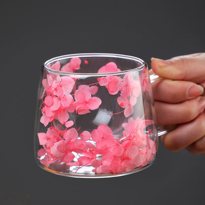 Copo de Vidro de Parede Dupla 200ml Transparente com Padrão de Flores Caneca de Chá Leite Café com Alça Presente para Amigos Copo de Água para Casa
