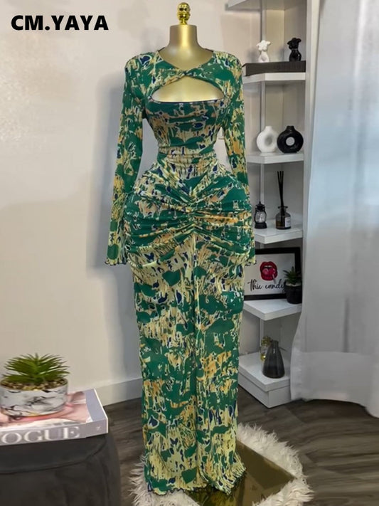 CM.YAYA Women Draped V-neck Cutout Front Ruched Stacked Bodycon Midi Long Maxi D