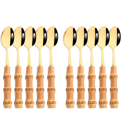 Drmfiy Teaspoon Dinnerware Set Stainless Steel 4/6/10Pcs Coffee Spoons Cutlery Set Kitchen Bamboo Handle Golden Tableware Set