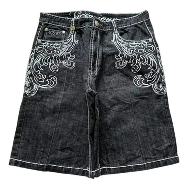 American Fashion Hip Hop Embroidered Denim Shorts Men Street Y2K New Casual Vintage Loose Jeans Unisex Harajuku Punk Rock Shorts