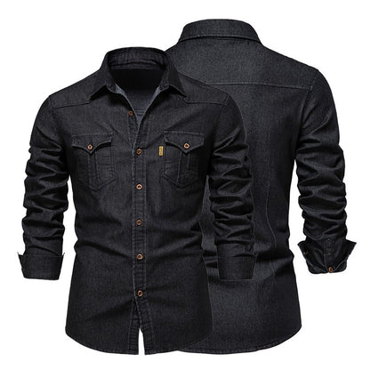 100% Cotton Men's Denim Long Sleeve Shirt Four Seasons New Business Fashion Retro Casual Shirt Jacket Male Brand Clothes