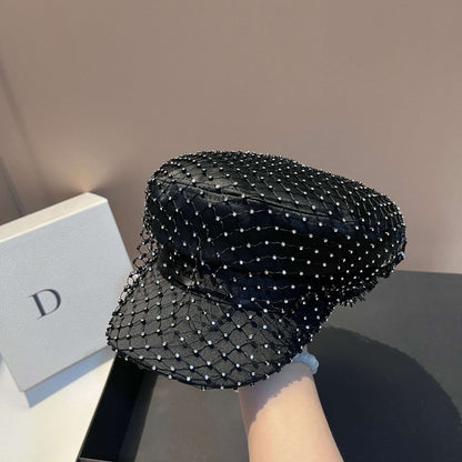 Chapéu Elegante com Strass em Malha Preto Versão Coreana de Alta Qualidade Moda Leve Luxo Estilo Pequeno e Perfumado Chapéu de Aba Reta Bico de Pato