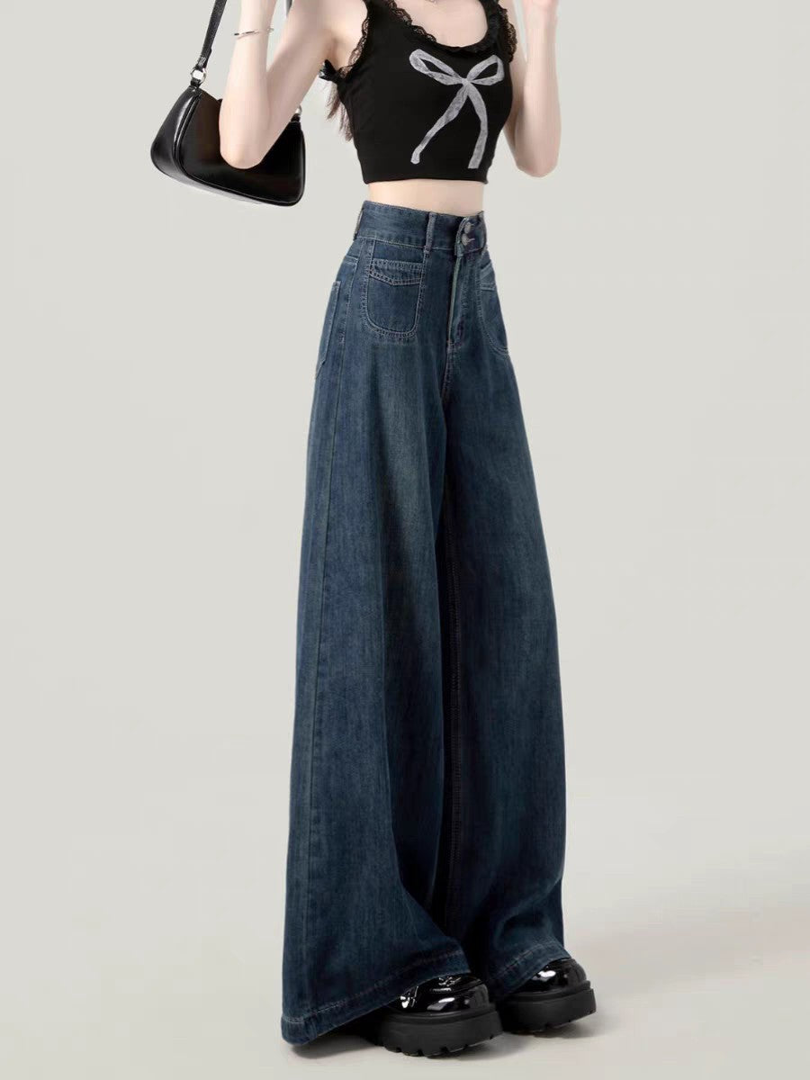 Casual Womens Jeans Autumn Winter High Waist Wide Leg Loose Trousers Vintage Heavyweight Lazy Drape Straight Long Pants