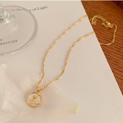 Novo Colar de Aço Inoxidável com Pingente de Rosa de Metal Irregular Redondo para Mulheres Corrente de Clavícula Vintage Joia de Luxo para Festa