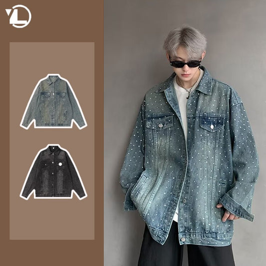 American Trendy Denim Jacket Mens Make Old Flash Diamond Fashion Outwear Spring Single-breasted Street Couple Cowboy Coats