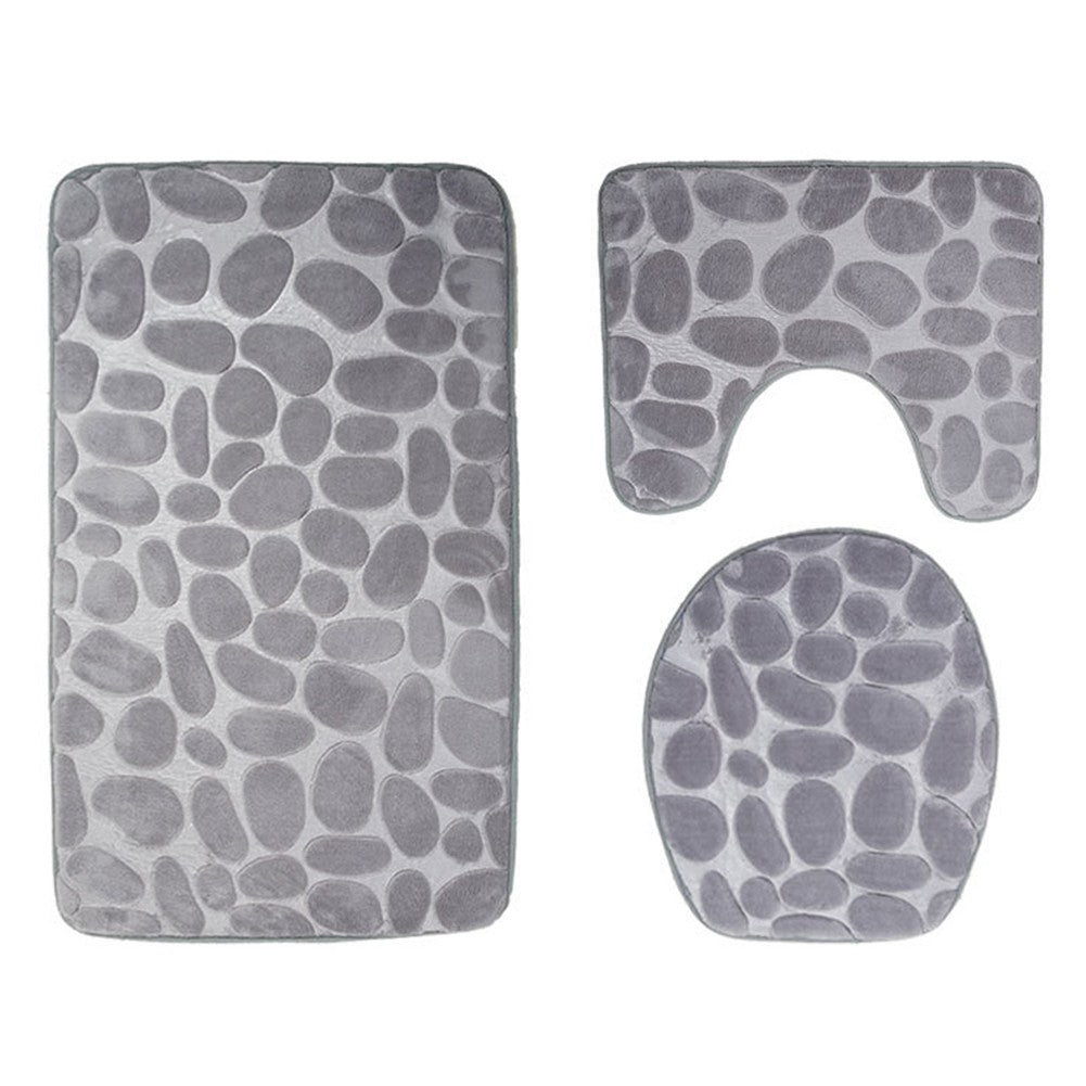 Memory Foam Bath Mat Set 3 Piece with Toilet Lid Cover and Rug Set Combo Toilet Floor Rug Light Grey Geometry