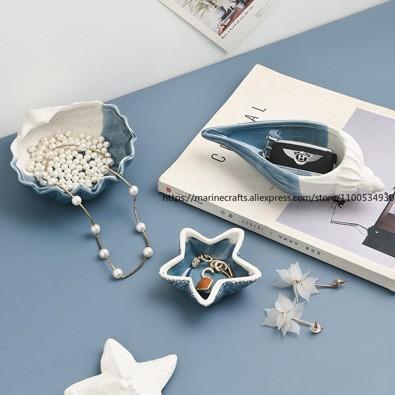 Mediterranean Ceramic Shell Ornaments Living Room Decorations Ocean Jewelry Box Multi-Functional Storage Accessories