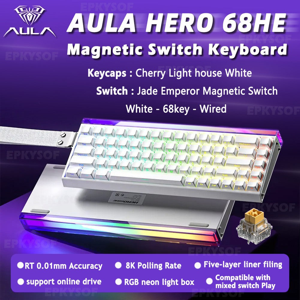 Teclado Mecânico para Jogos RGB com Switches Magnéticos AULA HERO 68HE Teclado para eSports com Acionamento Rápido e Retorno de 8K com Fio Personalizado