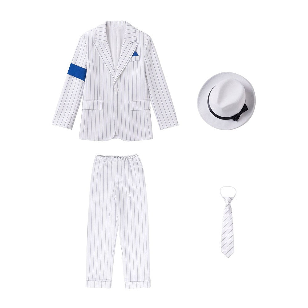 Kids Michael Jackson Cosplay Costume Boys White Striped MJ Suit Tap Dance Outfit Halloween Party Stage Performance Dance Costume