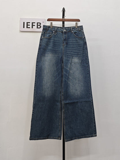 IEFB Calça Jeans Masculina de Verão Azul Velho Lavada Jeans Masculino Reta Casual Masculina Solta Perna Larga Novidade Moda 9C354