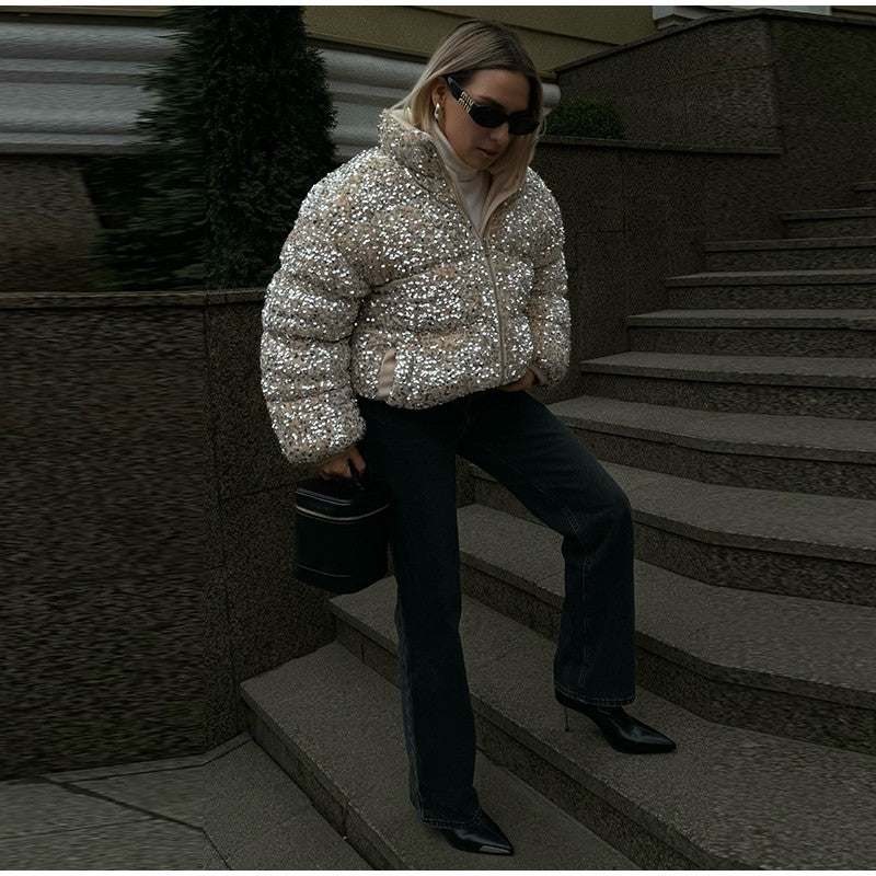 Sparkly Women's Sequin Puffer Jacket Oversize Cropped Stand Collar Zip-Up Party Coat Fashion High Street Female Winter Outerwear