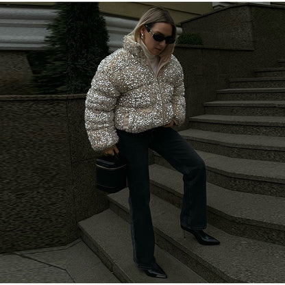 Sparkly Women's Sequin Puffer Jacket Oversize Cropped Stand Collar Zip-Up Party Coat Fashion High Street Female Winter Outerwear
